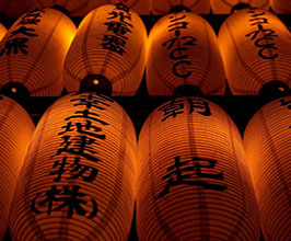 Japanese lanterns with Japanese writing and lights. 
